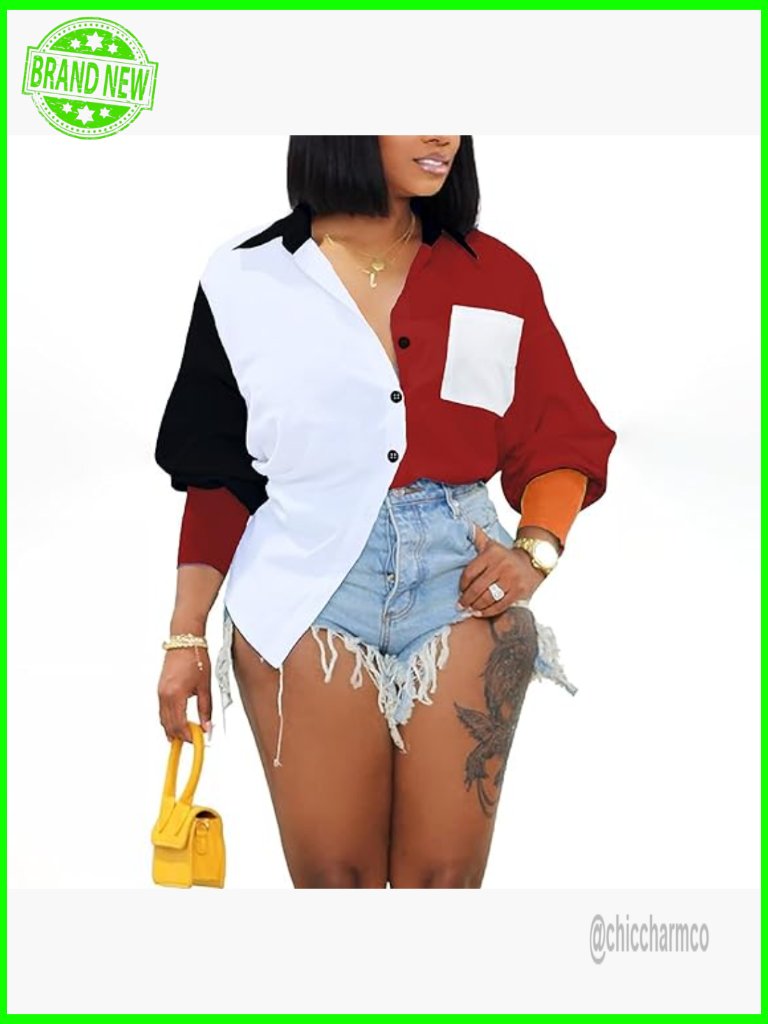 Sexy Color Block Letter Embroidery Button Down Long Sleeve Ribbed Cuff Club